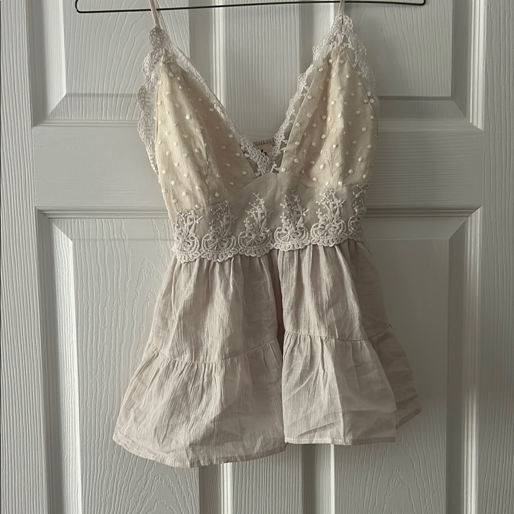 Cream and Gray Lace Trim Top
